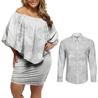 Peniamina Gospel Day Niue Couples Matching Off Shoulder Short Dress and Long Sleeve Button Shirt Cross Dove Hiapo Pattern White LT14 White - Polynesian Pride