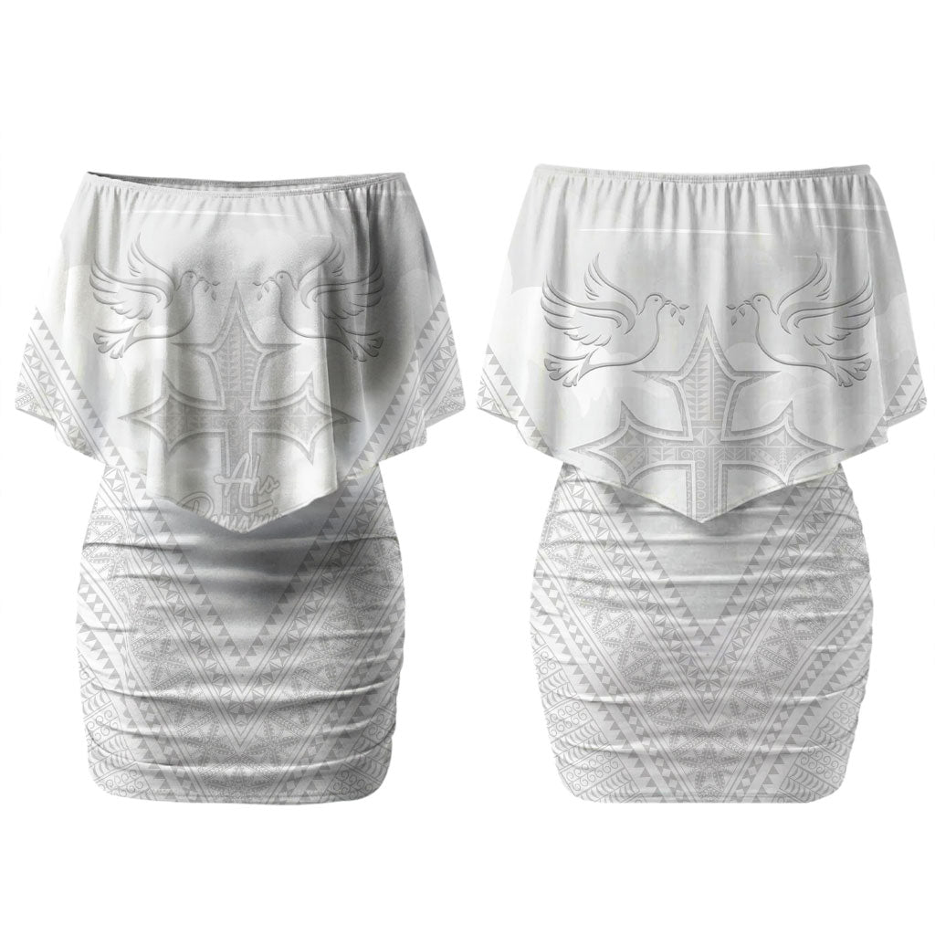 Peniamina Gospel Day Niue Couples Matching Off Shoulder Short Dress and Long Sleeve Button Shirt Cross Dove Hiapo Pattern White LT14 - Polynesian Pride