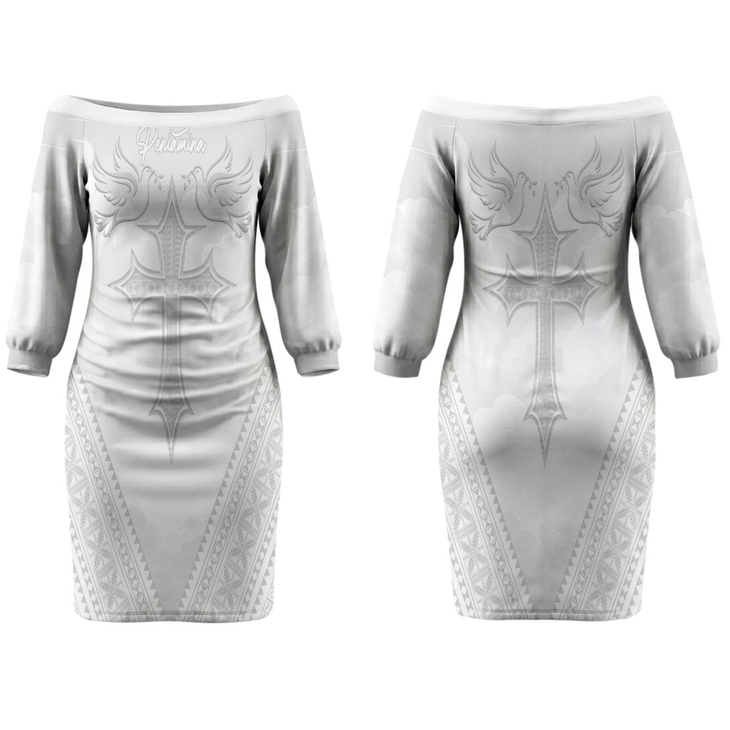 Peniamina Gospel Day Niue Couples Matching Off The Shoulder Long Sleeve Dress and Long Sleeve Button Shirt Cross Dove Hiapo Pattern White LT14 - Polynesian Pride