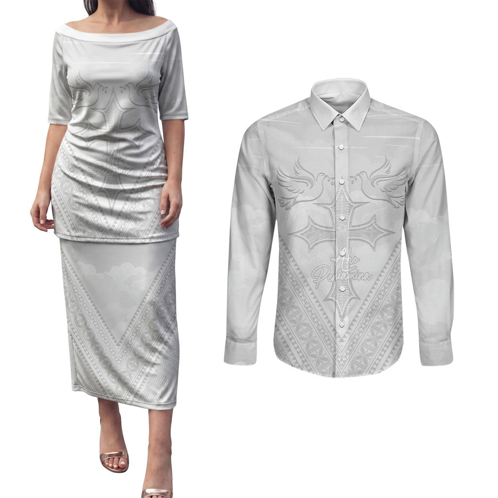 Peniamina Gospel Day Niue Couples Matching Puletasi and Long Sleeve Button Shirt Cross Dove Hiapo Pattern White LT14 White - Polynesian Pride