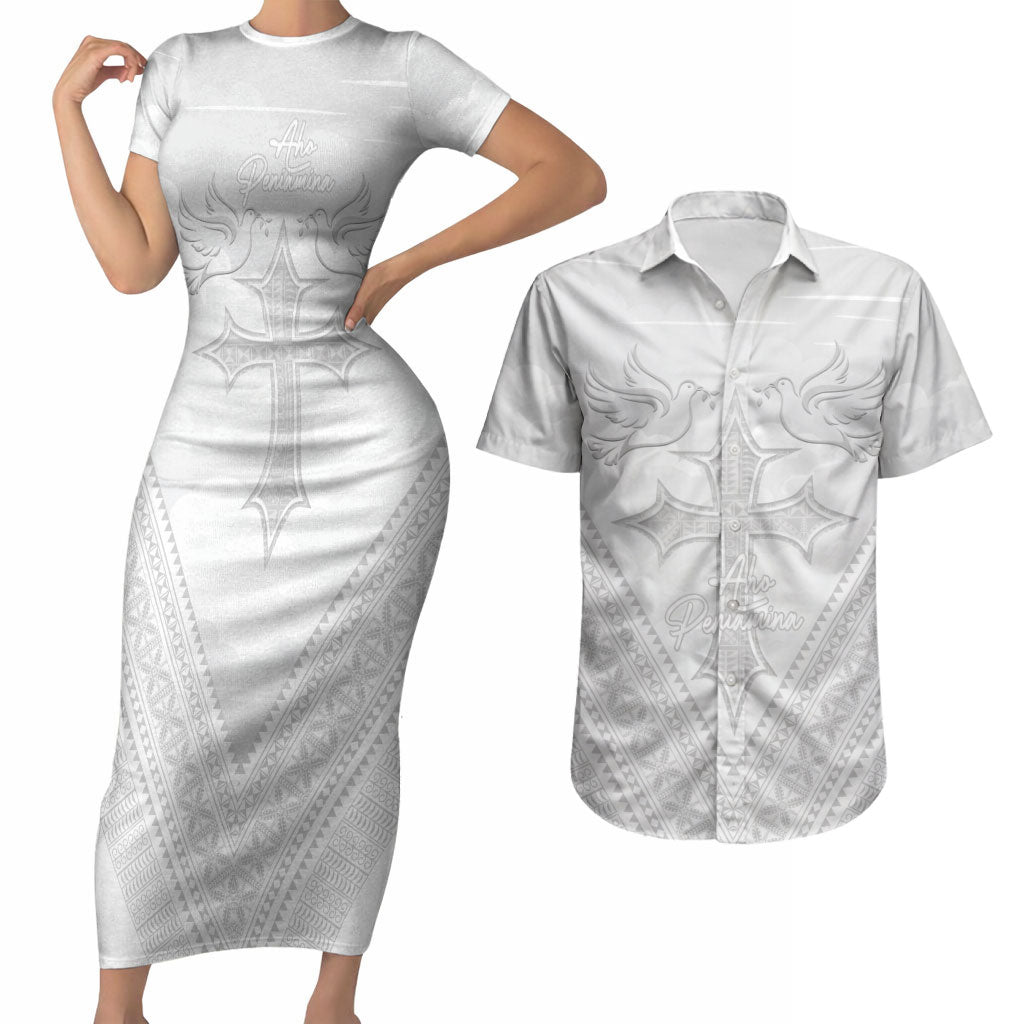 Peniamina Gospel Day Niue Couples Matching Short Sleeve Bodycon Dress and Hawaiian Shirt Cross Dove Hiapo Pattern White LT14 White - Polynesian Pride