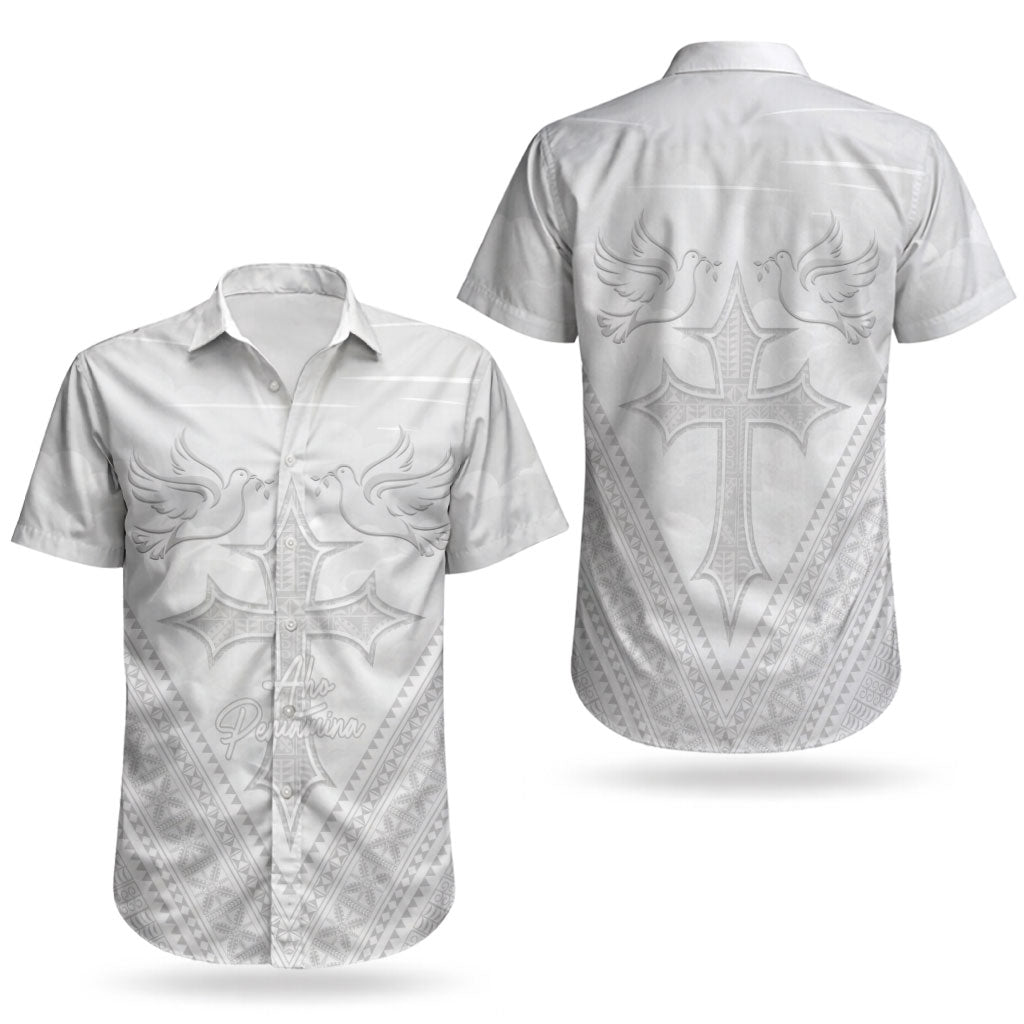 Peniamina Gospel Day Niue Couples Matching Short Sleeve Bodycon Dress and Hawaiian Shirt Cross Dove Hiapo Pattern White LT14 - Polynesian Pride