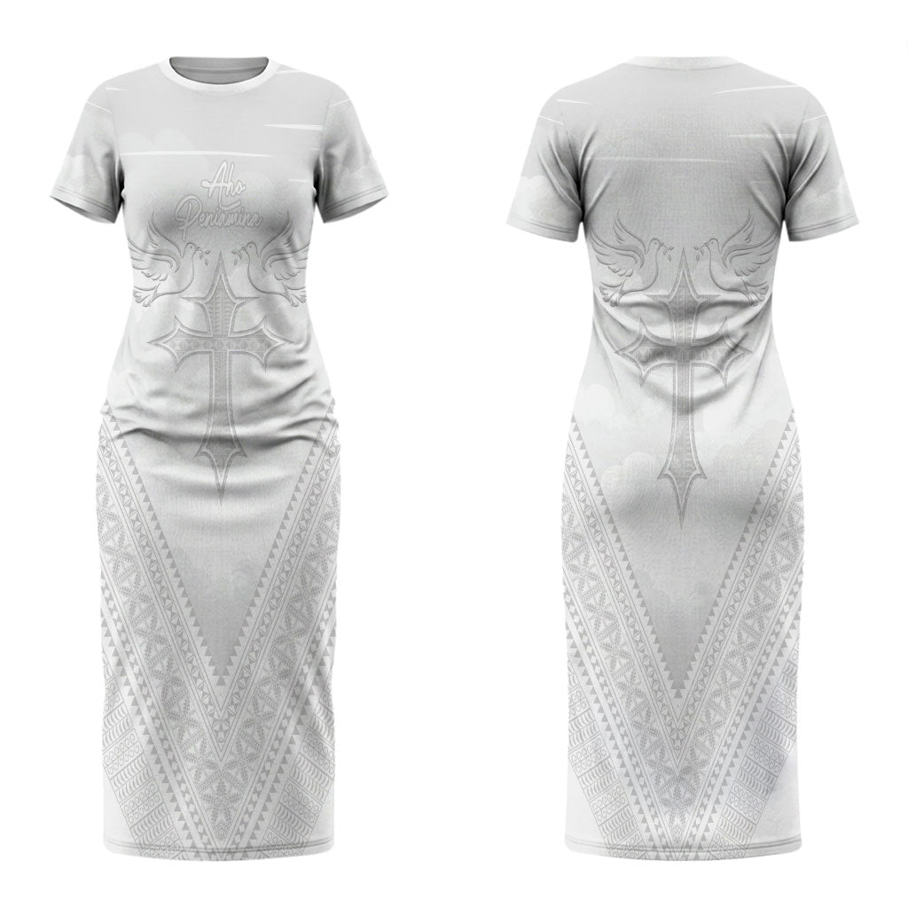 Peniamina Gospel Day Niue Couples Matching Short Sleeve Bodycon Dress and Hawaiian Shirt Cross Dove Hiapo Pattern White LT14 - Polynesian Pride