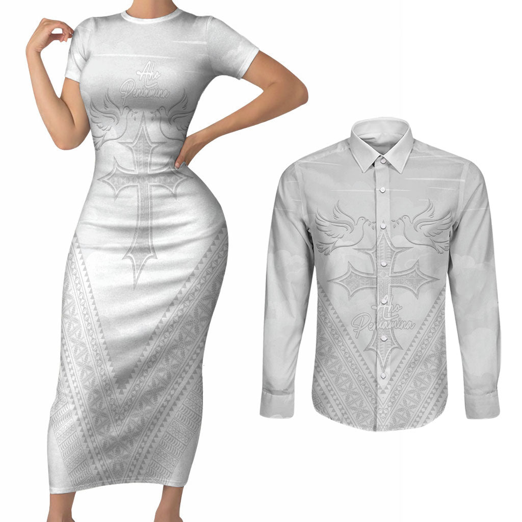 Peniamina Gospel Day Niue Couples Matching Short Sleeve Bodycon Dress and Long Sleeve Button Shirt Cross Dove Hiapo Pattern White LT14 White - Polynesian Pride