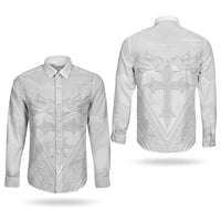 Peniamina Gospel Day Niue Couples Matching Short Sleeve Bodycon Dress and Long Sleeve Button Shirt Cross Dove Hiapo Pattern White LT14 - Polynesian Pride