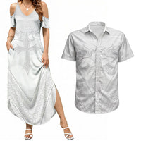 Peniamina Gospel Day Niue Couples Matching Summer Maxi Dress and Hawaiian Shirt Cross Dove Hiapo Pattern White LT14 White - Polynesian Pride
