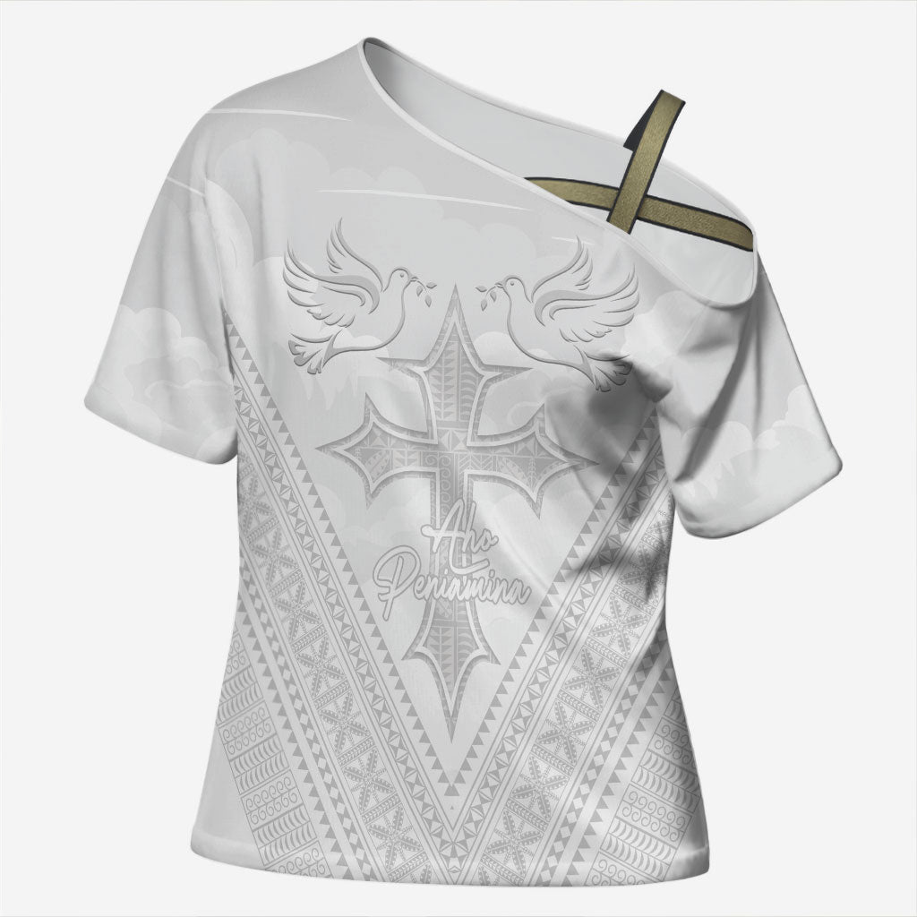 Peniamina Gospel Day Niue Cross Shoulder Shirt Cross Dove Hiapo Pattern White LT14 Female White - Polynesian Pride