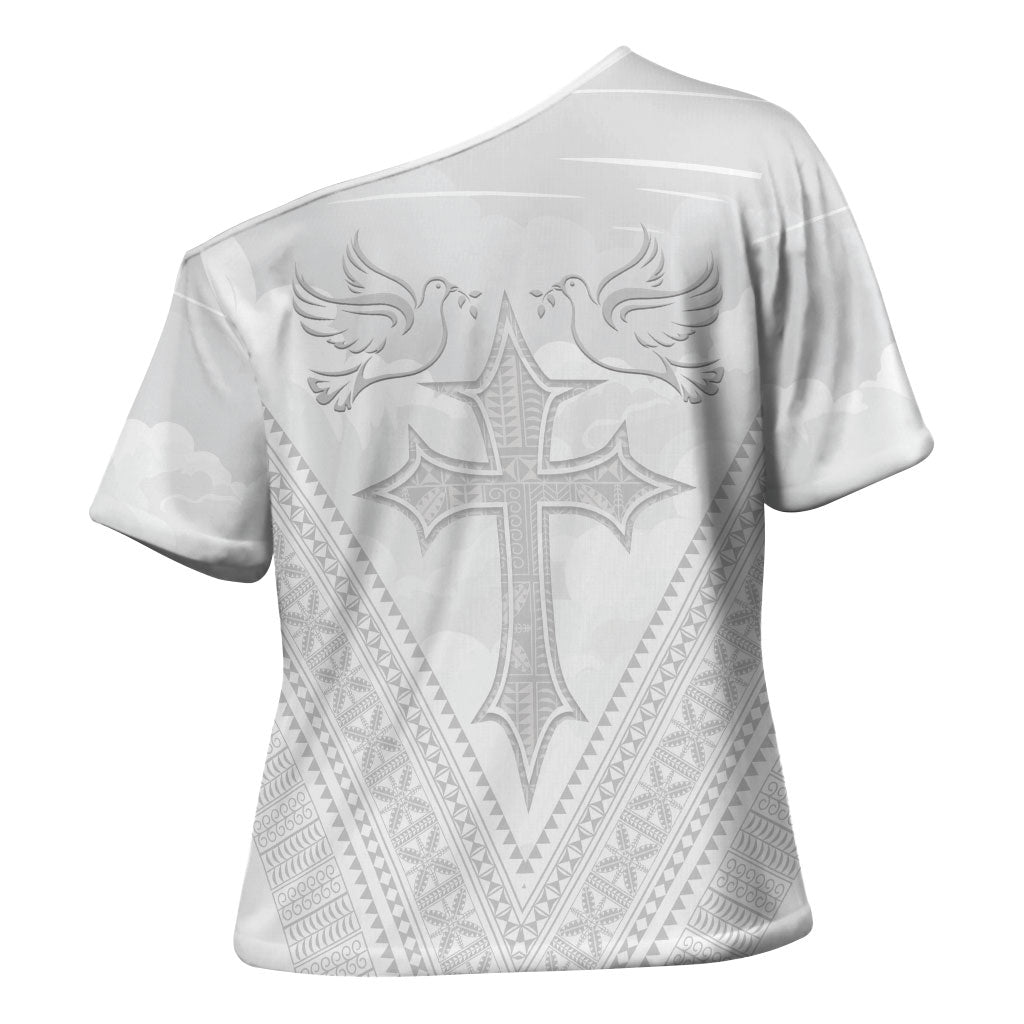 Peniamina Gospel Day Niue Cross Shoulder Shirt Cross Dove Hiapo Pattern White LT14 - Polynesian Pride
