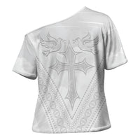 Peniamina Gospel Day Niue Cross Shoulder Shirt Cross Dove Hiapo Pattern White LT14 - Polynesian Pride