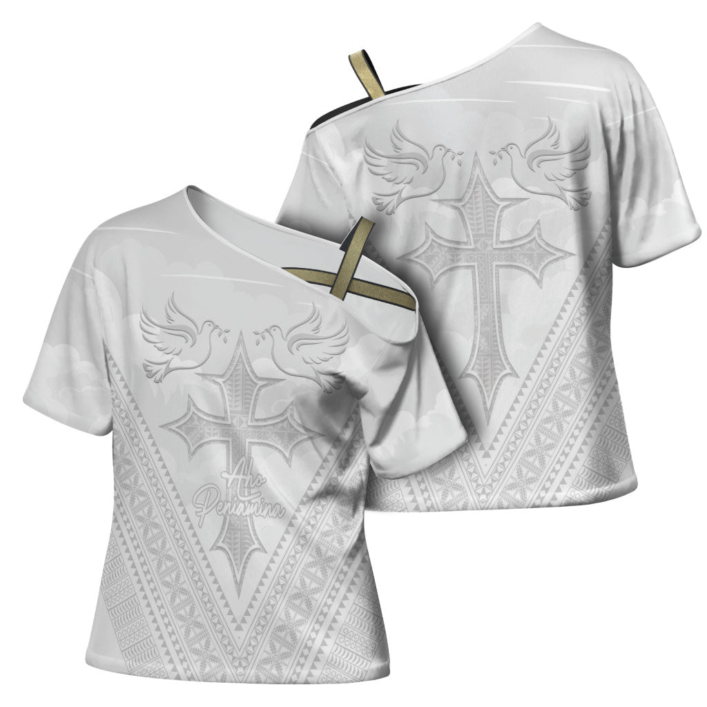 Peniamina Gospel Day Niue Cross Shoulder Shirt Cross Dove Hiapo Pattern White LT14 - Polynesian Pride