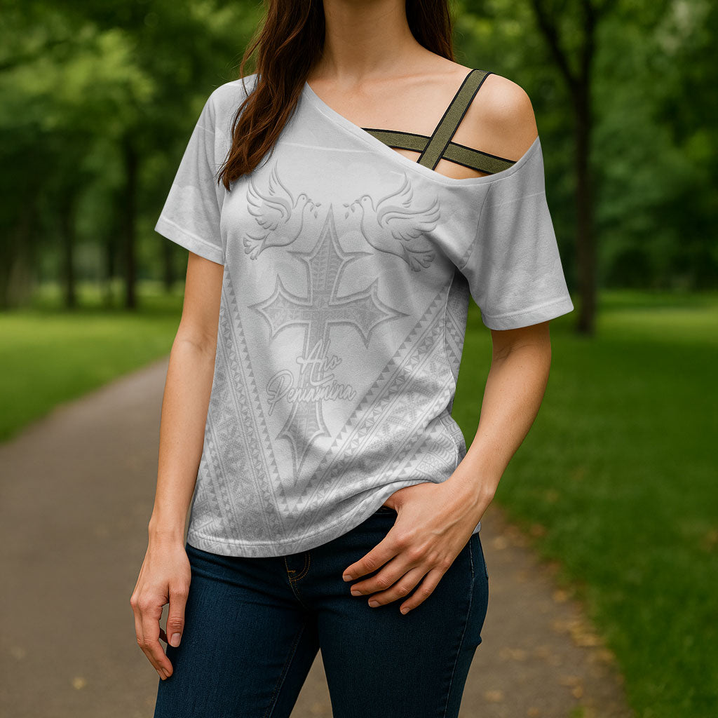 Peniamina Gospel Day Niue Cross Shoulder Shirt Cross Dove Hiapo Pattern White LT14 - Polynesian Pride
