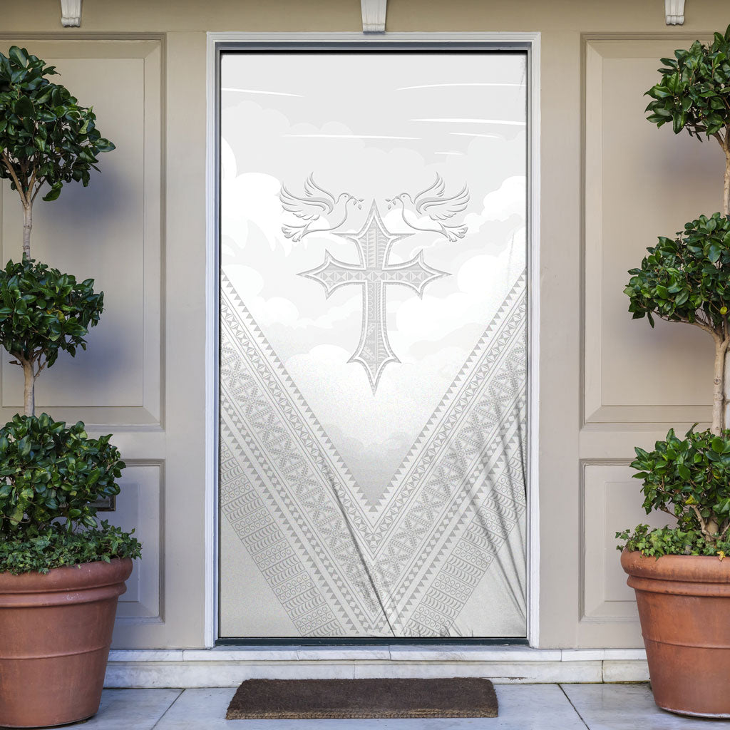 Peniamina Gospel Day Niue Door Cover Cross Dove Hiapo Pattern White LT14 White - Polynesian Pride