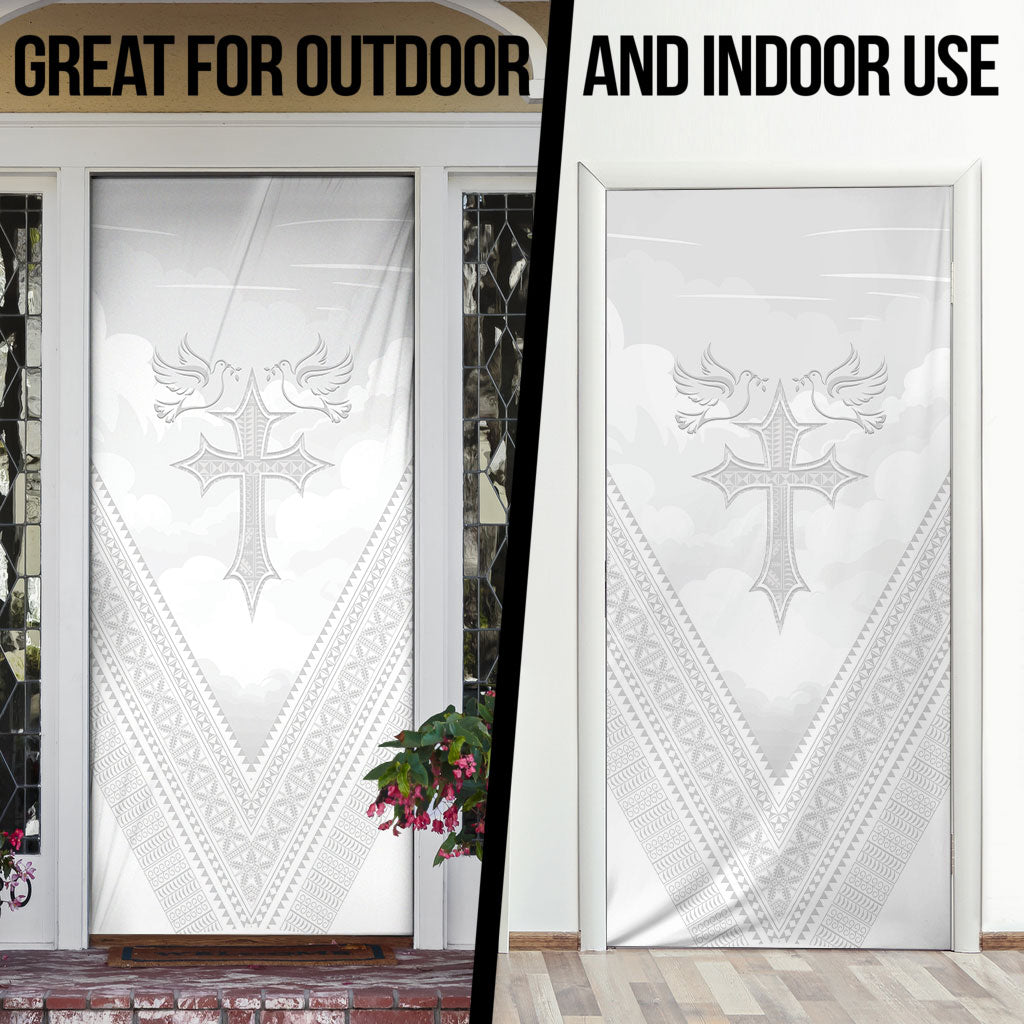 Peniamina Gospel Day Niue Door Cover Cross Dove Hiapo Pattern White LT14 - Polynesian Pride