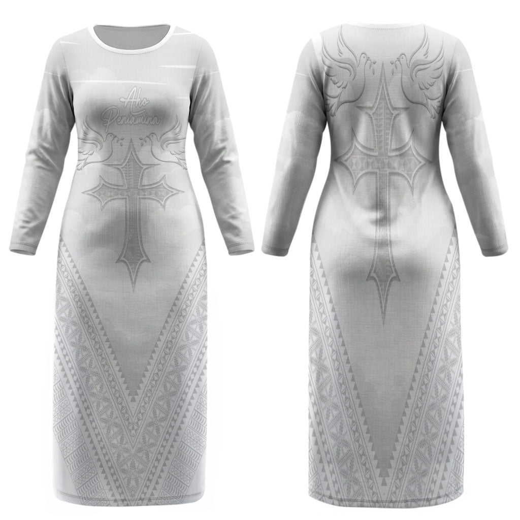Peniamina Gospel Day Niue Family Matching Long Sleeve Bodycon Dress and Hawaiian Shirt Cross Dove Hiapo Pattern White LT14 Mom's Dress White - Polynesian Pride