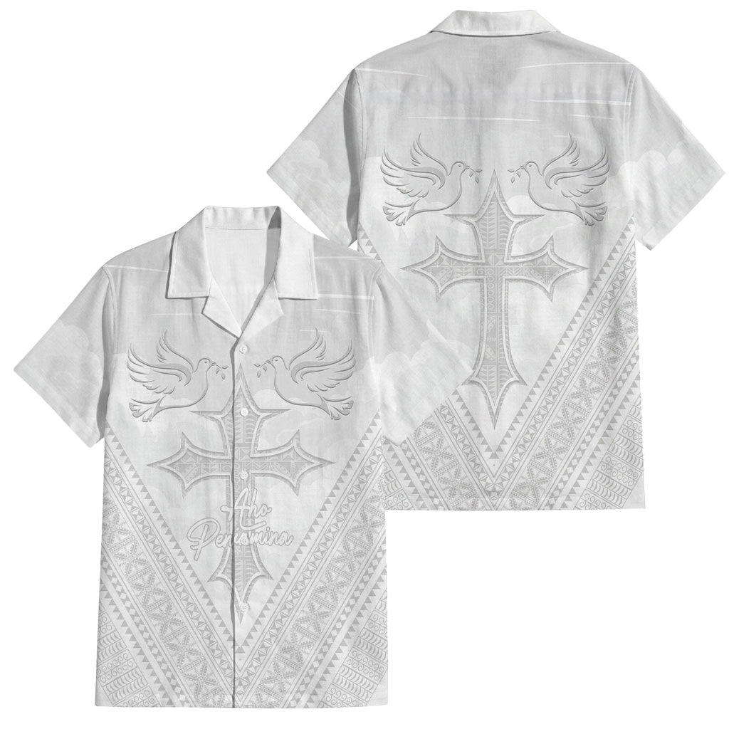 Peniamina Gospel Day Niue Family Matching Off Shoulder Maxi Dress and Hawaiian Shirt Cross Dove Hiapo Pattern White LT14 Dad's Shirt - Short Sleeve White - Polynesian Pride