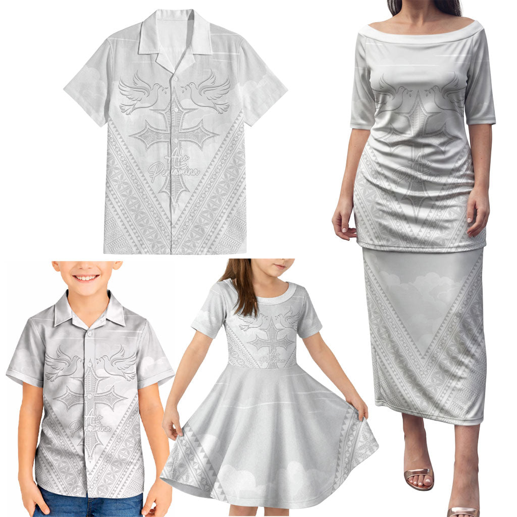 Peniamina Gospel Day Niue Family Matching Puletasi and Hawaiian Shirt Cross Dove Hiapo Pattern White LT14 - Polynesian Pride