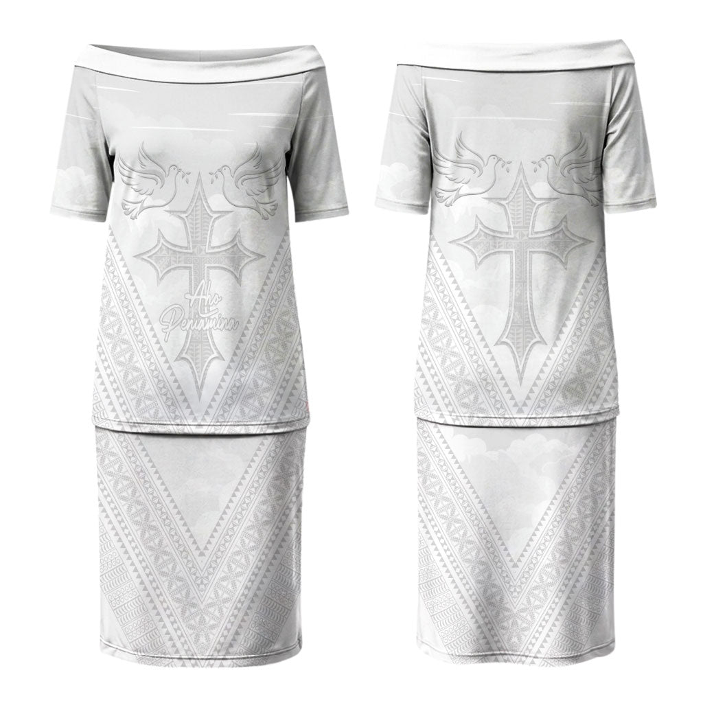 Peniamina Gospel Day Niue Family Matching Puletasi and Hawaiian Shirt Cross Dove Hiapo Pattern White LT14 Mom's Dress White - Polynesian Pride