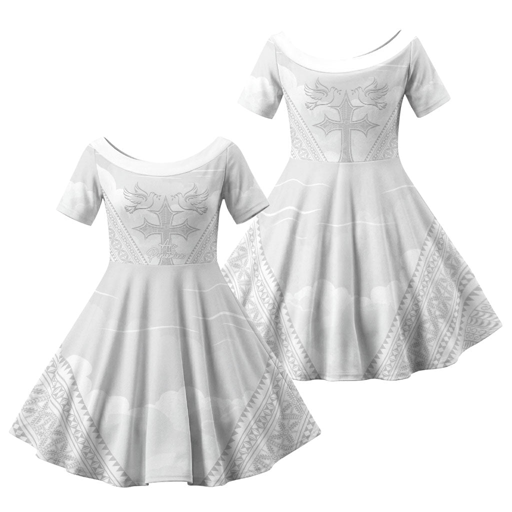 Peniamina Gospel Day Niue Family Matching Puletasi and Hawaiian Shirt Cross Dove Hiapo Pattern White LT14 Daughter's Dress White - Polynesian Pride