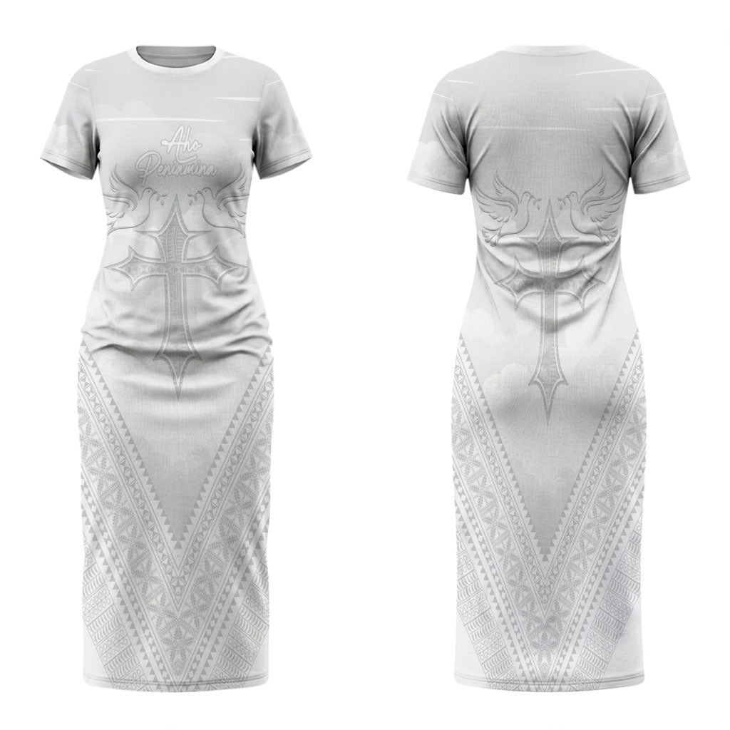 Peniamina Gospel Day Niue Family Matching Short Sleeve Bodycon Dress and Hawaiian Shirt Cross Dove Hiapo Pattern White LT14 Mom's Dress White - Polynesian Pride