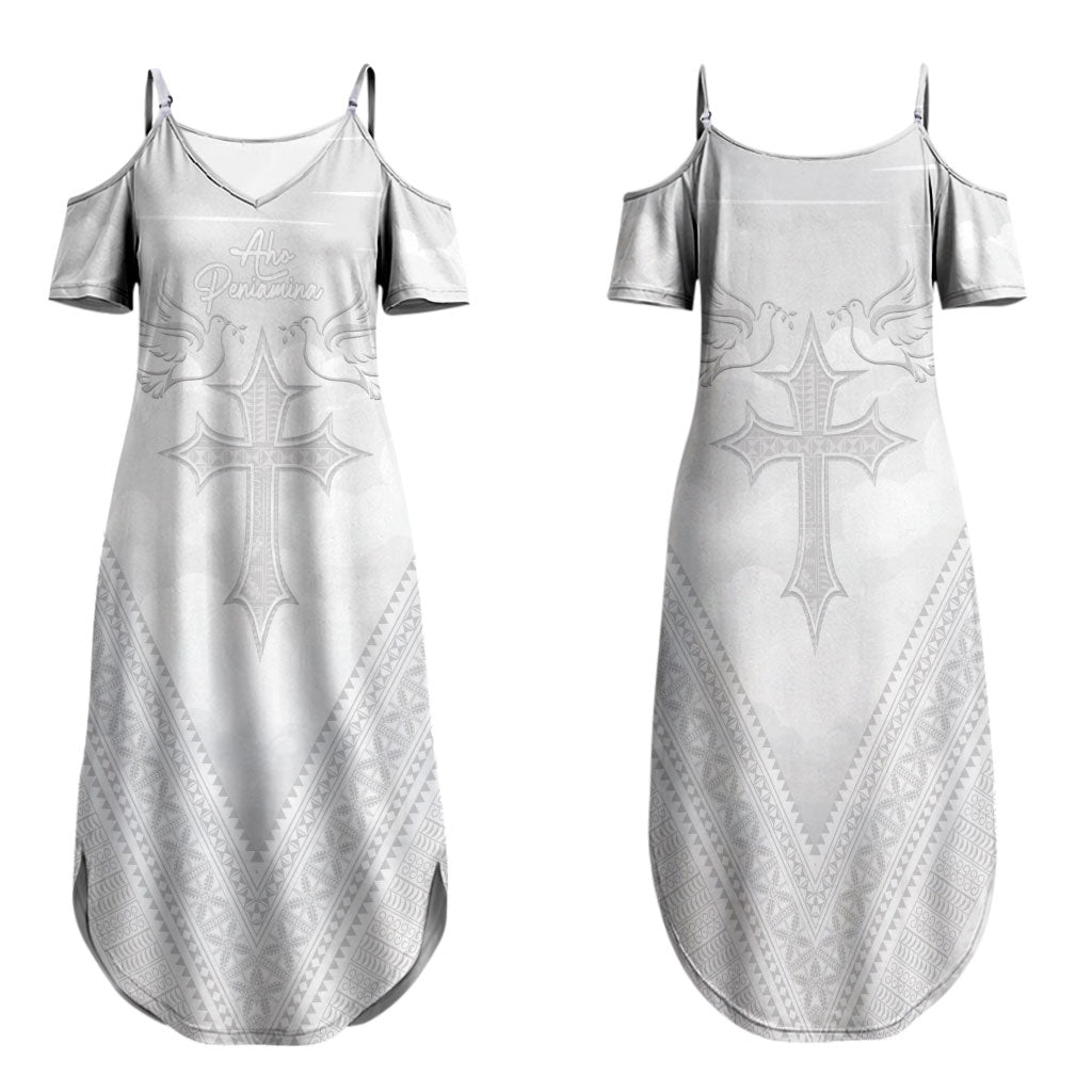 Peniamina Gospel Day Niue Family Matching Summer Maxi Dress and Hawaiian Shirt Cross Dove Hiapo Pattern White LT14 Mom's Dress White - Polynesian Pride