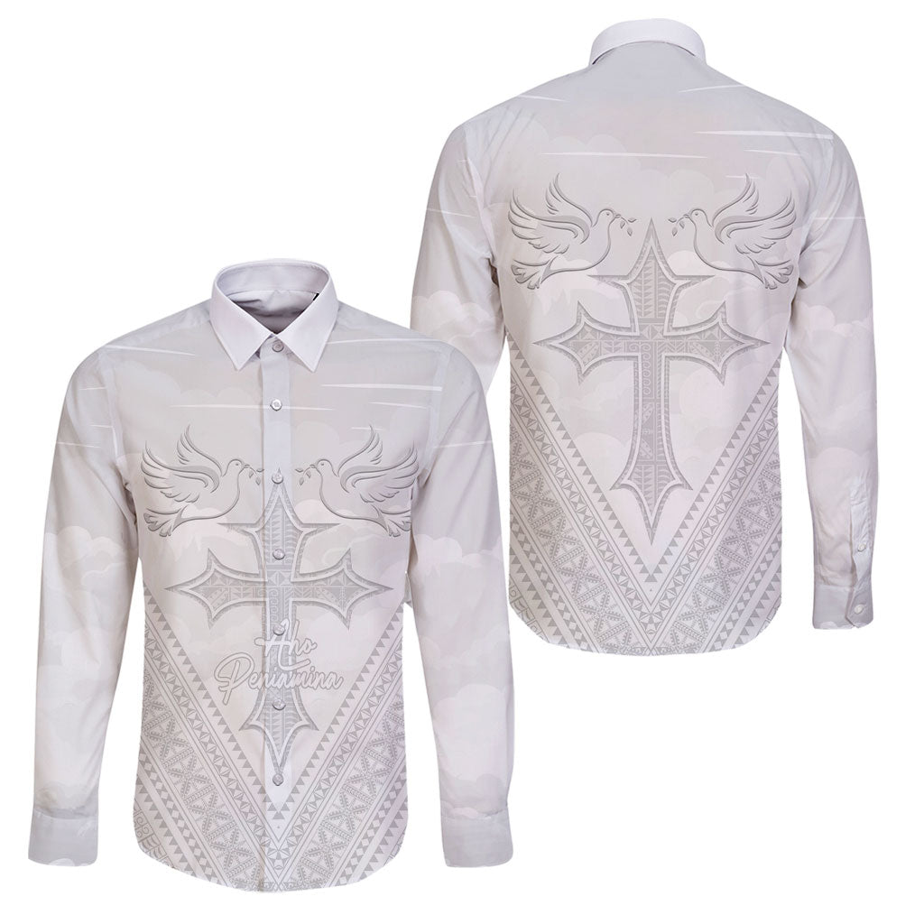 Peniamina Gospel Day Niue Family Matching Summer Maxi Dress and Hawaiian Shirt Cross Dove Hiapo Pattern White LT14 Dad's Shirt - Long Sleeve White - Polynesian Pride