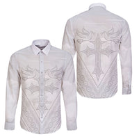 Peniamina Gospel Day Niue Family Matching Summer Maxi Dress and Hawaiian Shirt Cross Dove Hiapo Pattern White LT14 Dad's Shirt - Long Sleeve White - Polynesian Pride
