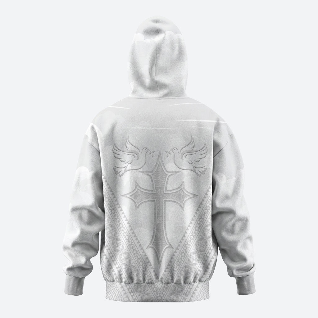 Peniamina Gospel Day Niue Hoodie Cross Dove Hiapo Pattern White LT14 - Polynesian Pride