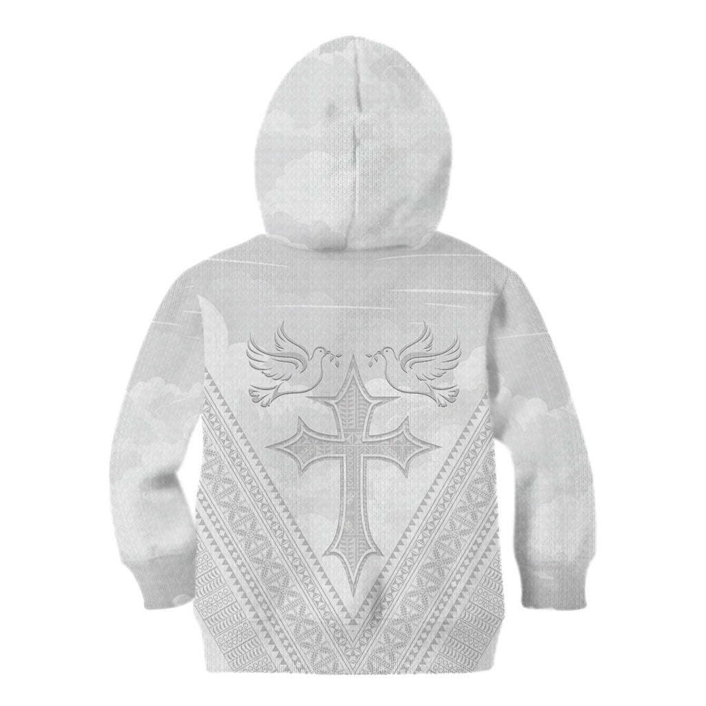 Peniamina Gospel Day Niue Kid Hoodie Cross Dove Hiapo Pattern White LT14 - Polynesian Pride
