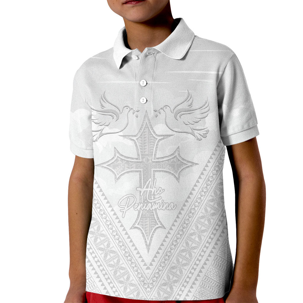 Peniamina Gospel Day Niue Kid Polo Shirt Cross Dove Hiapo Pattern White LT14 Kid White - Polynesian Pride