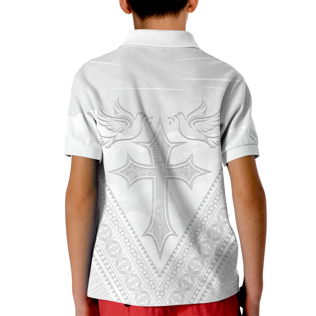 Peniamina Gospel Day Niue Kid Polo Shirt Cross Dove Hiapo Pattern White LT14 - Polynesian Pride