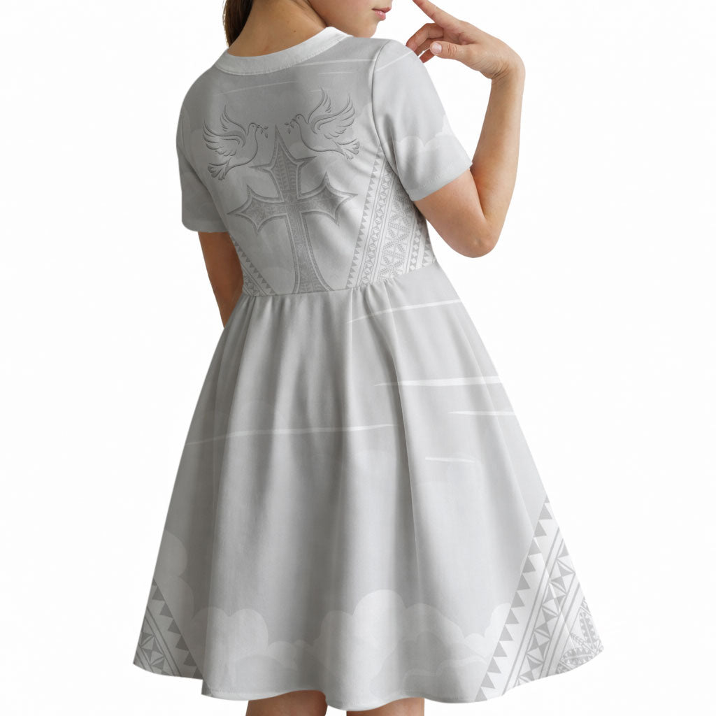 Peniamina Gospel Day Niue Kid Short Sleeve Dress Cross Dove Hiapo Pattern White LT14 - Polynesian Pride
