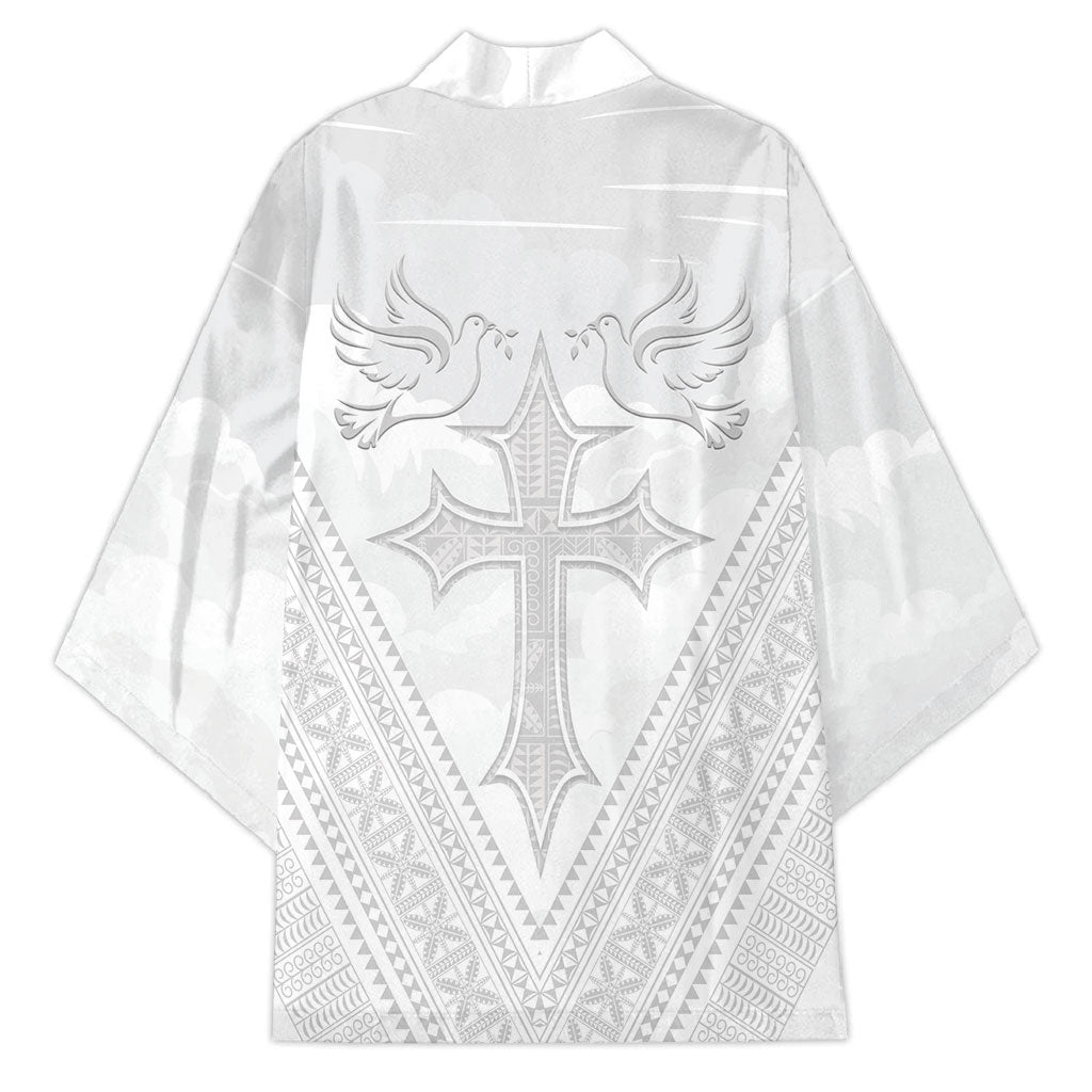 Peniamina Gospel Day Niue Kimono Cross Dove Hiapo Pattern White