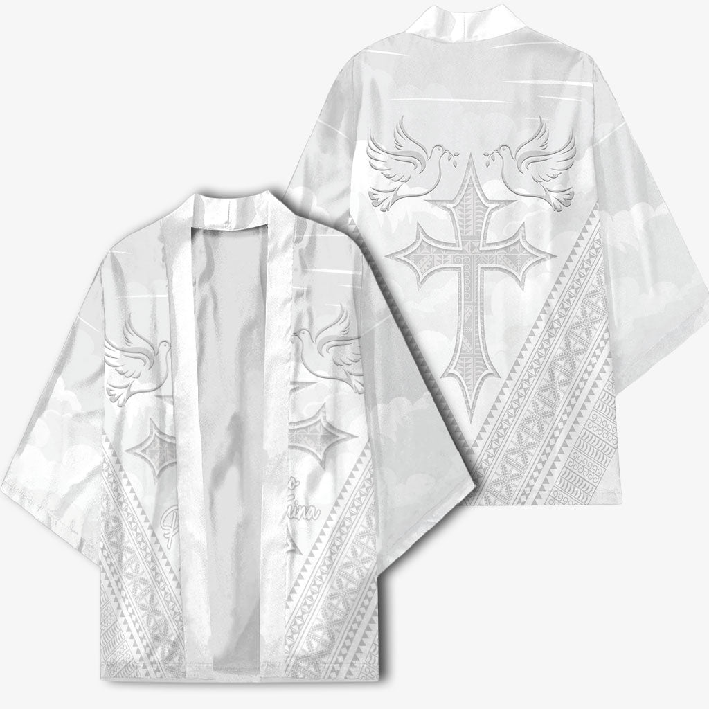 Peniamina Gospel Day Niue Kimono Cross Dove Hiapo Pattern White