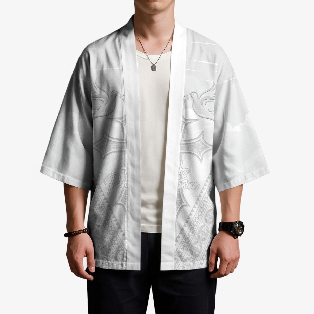 Peniamina Gospel Day Niue Kimono Cross Dove Hiapo Pattern White