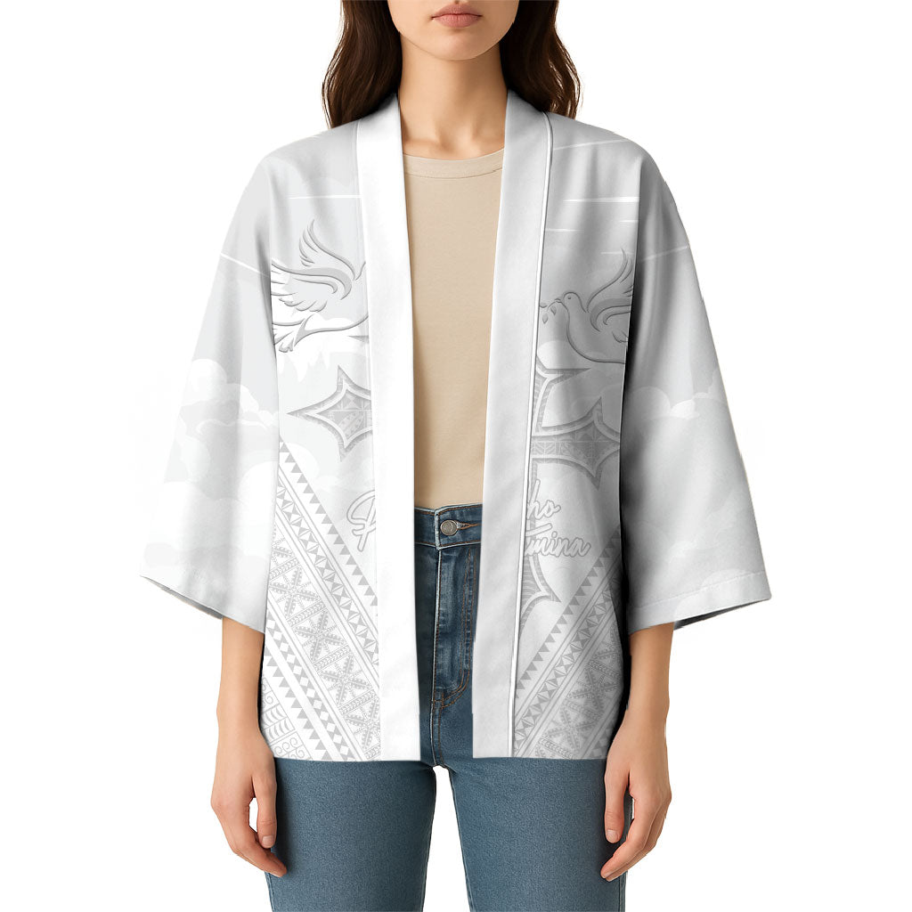 Peniamina Gospel Day Niue Kimono Cross Dove Hiapo Pattern White