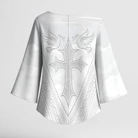Peniamina Gospel Day Niue Kimono Sleeve Blouse Cross Dove Hiapo Pattern White LT14 - Polynesian Pride