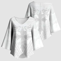 Peniamina Gospel Day Niue Kimono Sleeve Blouse Cross Dove Hiapo Pattern White LT14 - Polynesian Pride