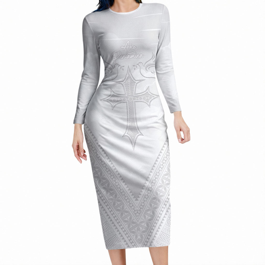 Peniamina Gospel Day Niue Long Sleeve Bodycon Dress Cross Dove Hiapo Pattern White LT14 Long Dress White - Polynesian Pride