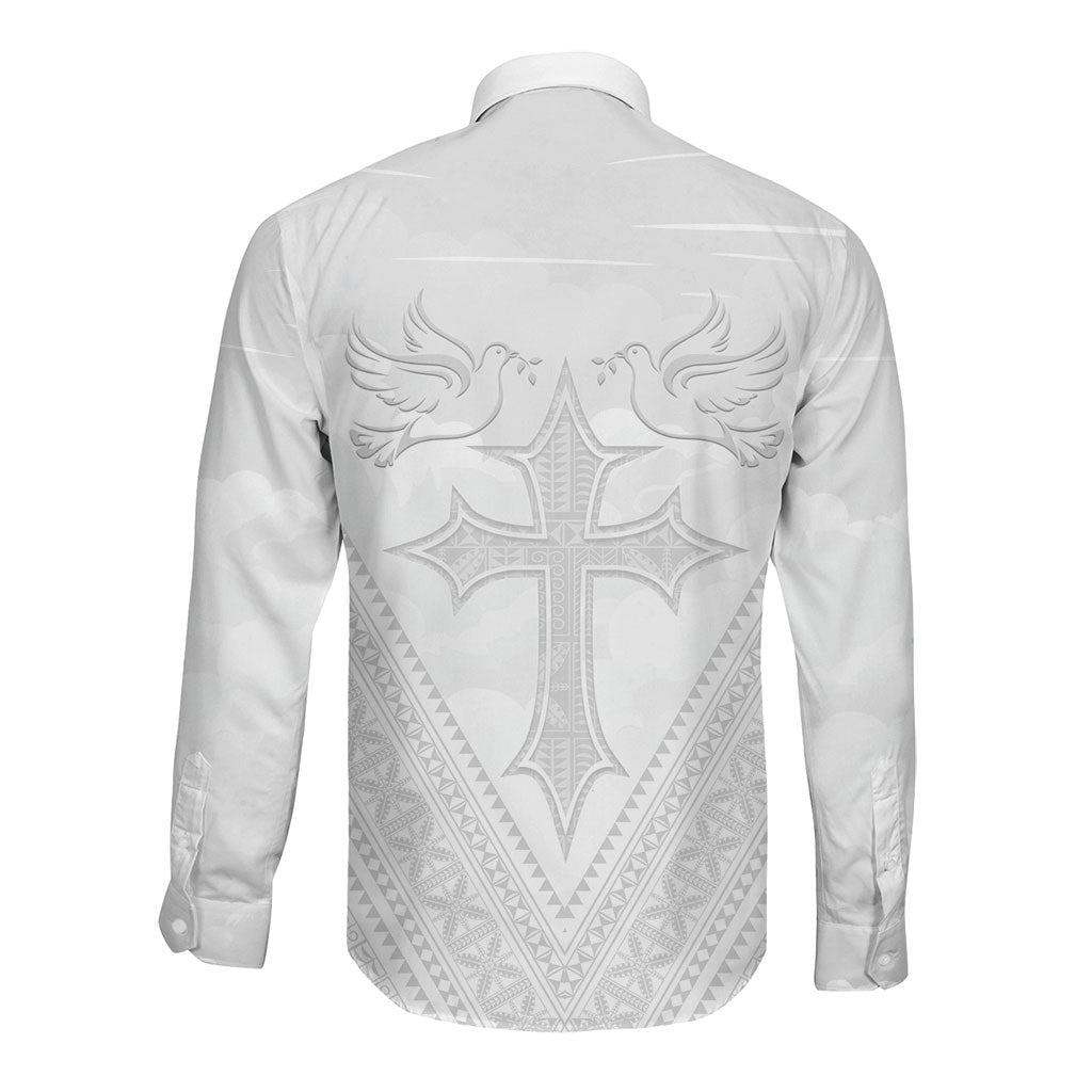 Peniamina Gospel Day Niue Long Sleeve Button Shirt Cross Dove Hiapo Pattern White LT14 - Polynesian Pride