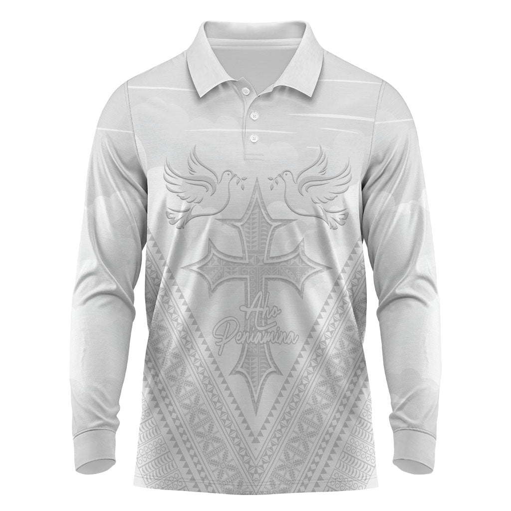 Peniamina Gospel Day Niue Long Sleeve Polo Shirt Cross Dove Hiapo Pattern White LT14 White - Polynesian Pride