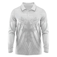 Peniamina Gospel Day Niue Long Sleeve Polo Shirt Cross Dove Hiapo Pattern White LT14 White - Polynesian Pride