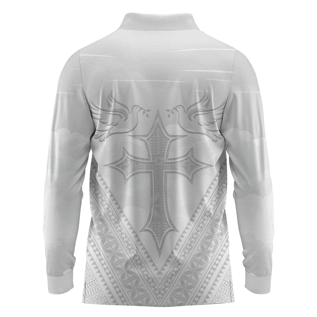 Peniamina Gospel Day Niue Long Sleeve Polo Shirt Cross Dove Hiapo Pattern White LT14 - Polynesian Pride