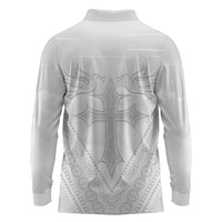 Peniamina Gospel Day Niue Long Sleeve Polo Shirt Cross Dove Hiapo Pattern White LT14 - Polynesian Pride