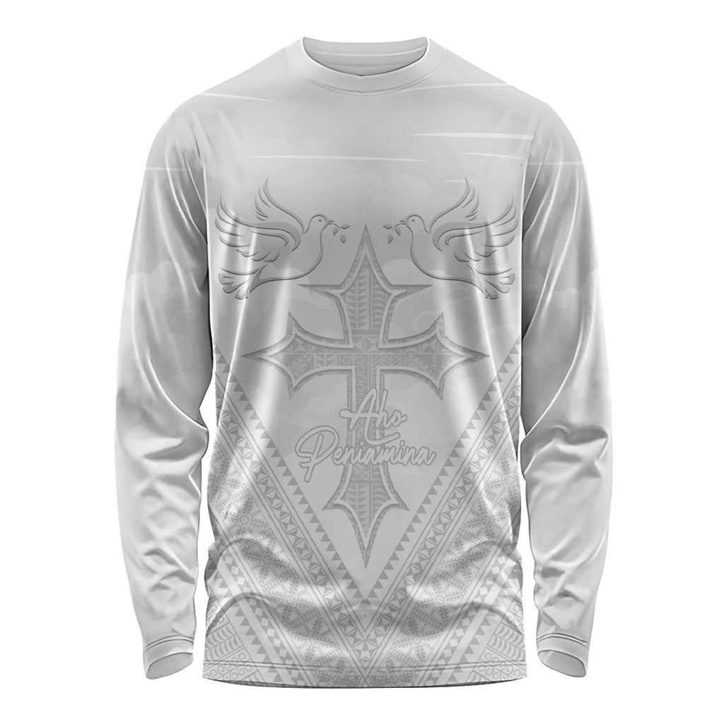Peniamina Gospel Day Niue Long Sleeve Shirt Cross Dove Hiapo Pattern White LT14 Unisex White - Polynesian Pride