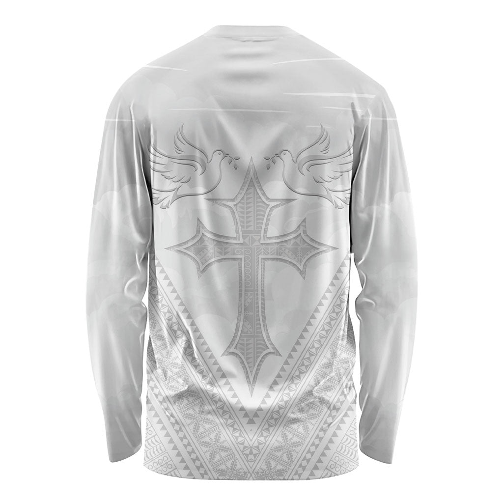 Peniamina Gospel Day Niue Long Sleeve Shirt Cross Dove Hiapo Pattern White LT14 - Polynesian Pride