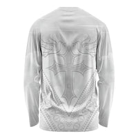 Peniamina Gospel Day Niue Long Sleeve Shirt Cross Dove Hiapo Pattern White LT14 - Polynesian Pride