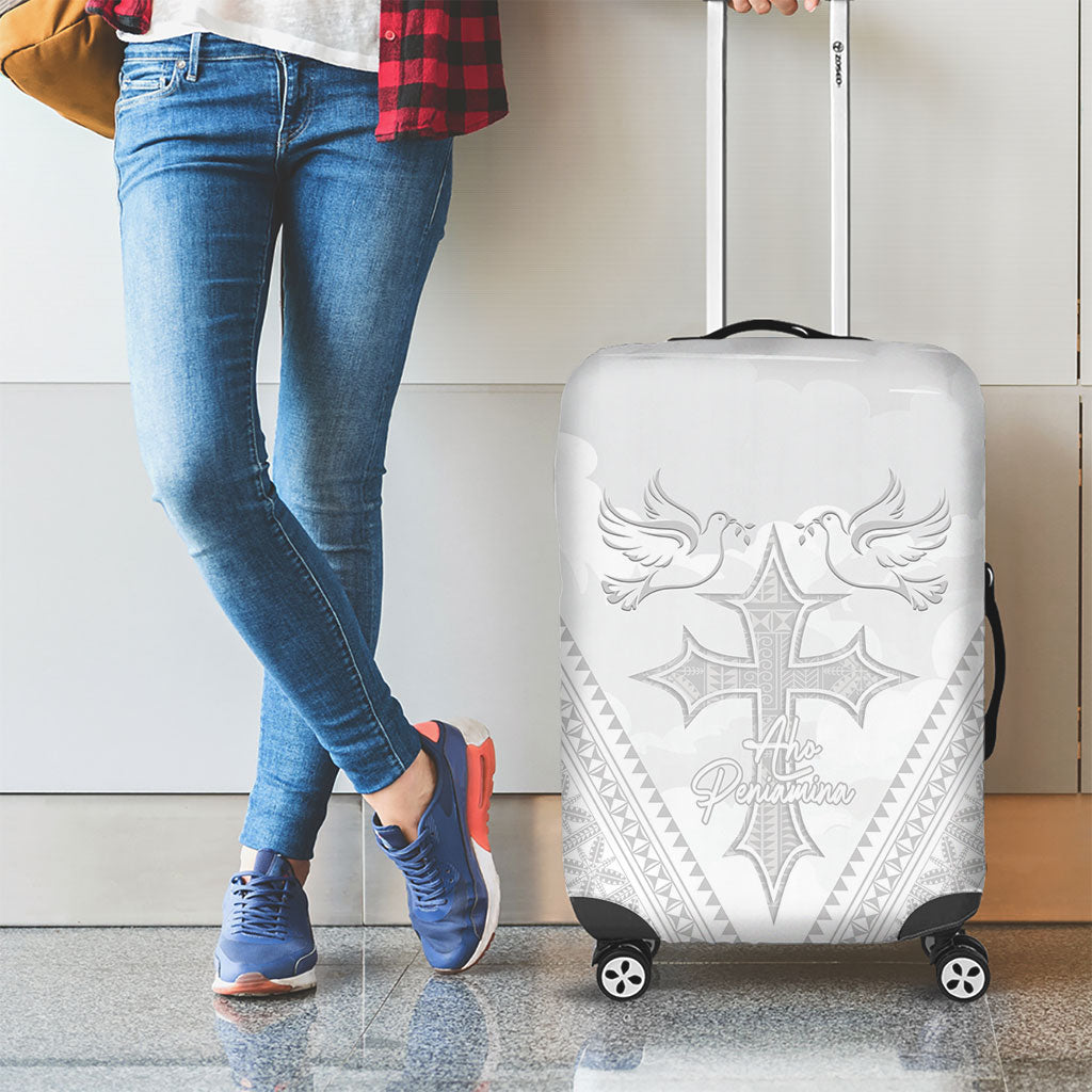 Peniamina Gospel Day Niue Luggage Cover Cross Dove Hiapo Pattern White LT14 - Polynesian Pride
