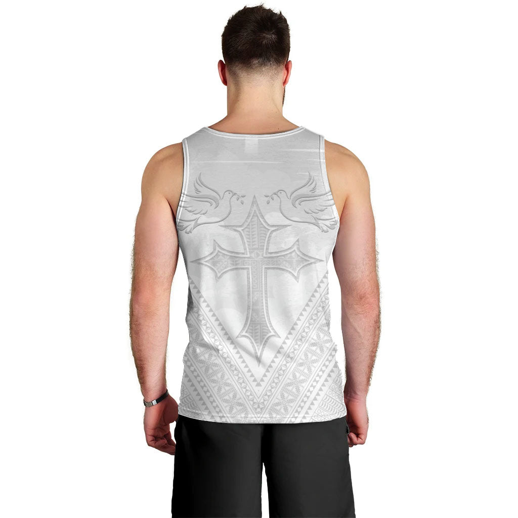 Peniamina Gospel Day Niue Men Tank Top Cross Dove Hiapo Pattern White LT14 - Polynesian Pride
