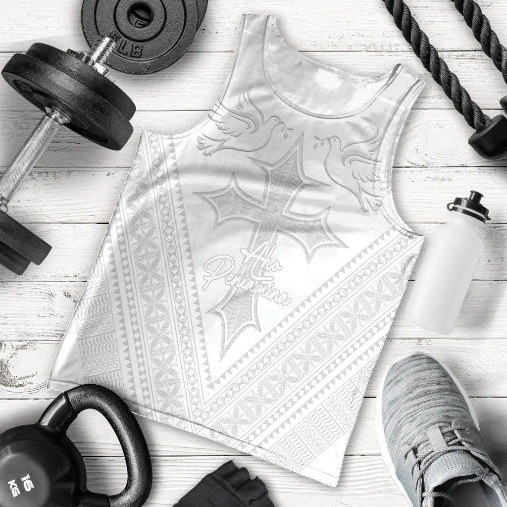 Peniamina Gospel Day Niue Men Tank Top Cross Dove Hiapo Pattern White LT14 - Polynesian Pride