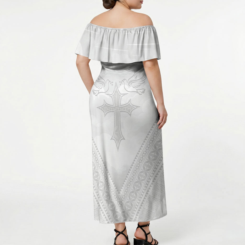 Peniamina Gospel Day Niue Off Shoulder Maxi Dress Cross Dove Hiapo Pattern White LT14 - Polynesian Pride